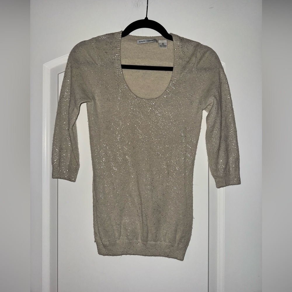 Autumn Cashmere 3/4 Sleeve Scoop Neck Beige and Silver Sweater Size Extra Small